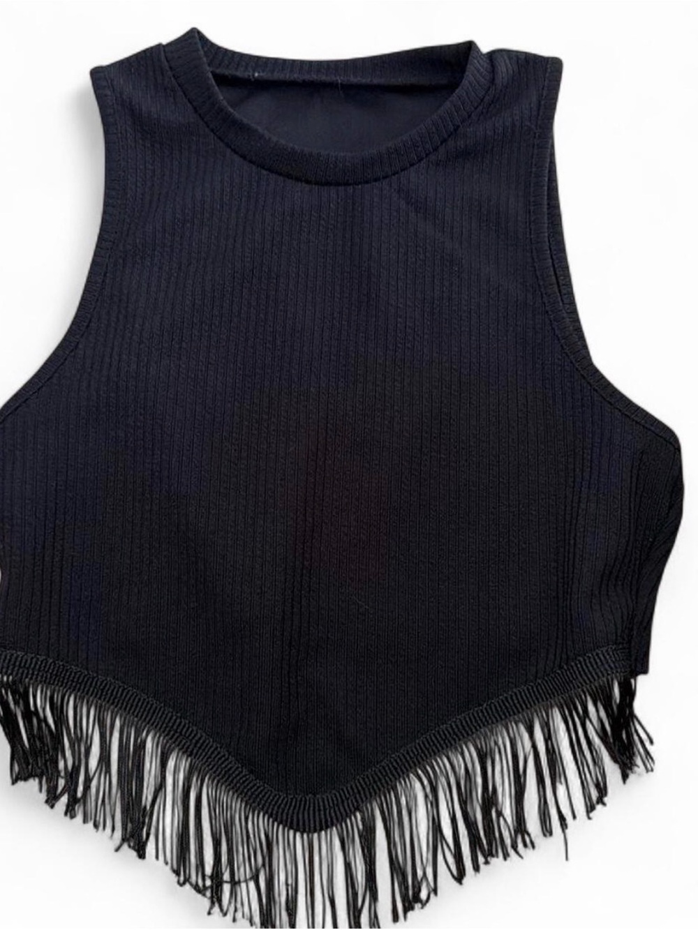 Women’s Black Fringe Ribbed Crop Tank Top